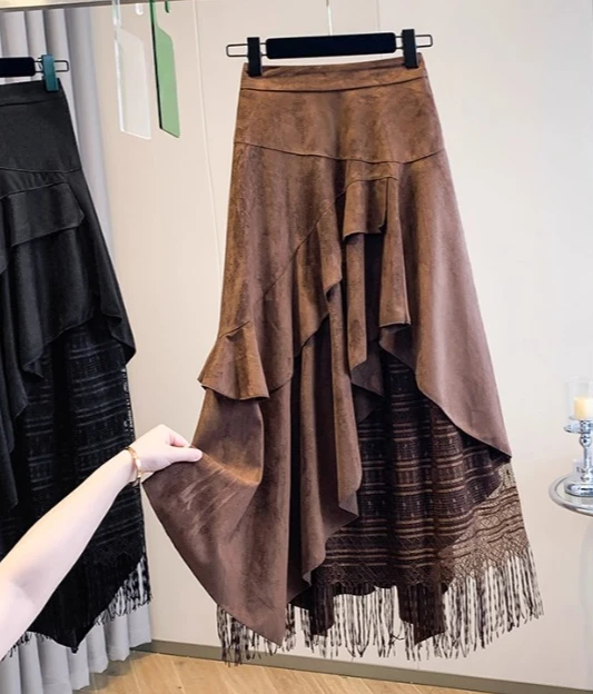 تنانير نسائية كبيرة الحجم للخريف جديدة غير منتظمة بشراشيب تنانير كبيرة متأرجحة لتقليل العمر على شكل حرف a تنانير شارع متعددة الاستخدامات #4