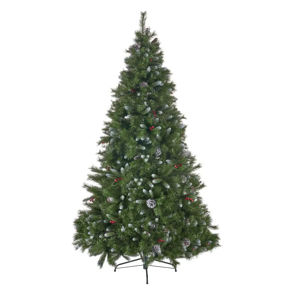 7Ft PVC Artificial  Christmas Tree,with 52 Frosted Pine Cones and 26 Red Berry,christmas decorations，Decor Holiday  Essential