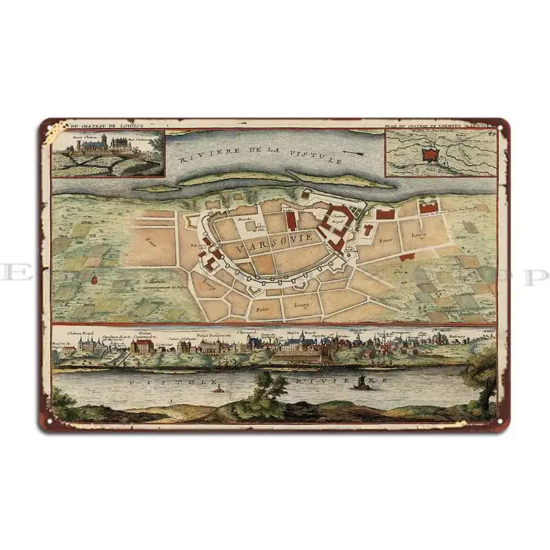 Mapa Vintage de Varsovia Polonia 1705, carteles de Metal, diseño de cine, Pub, decoración de pared personalizada, cartel de estaño