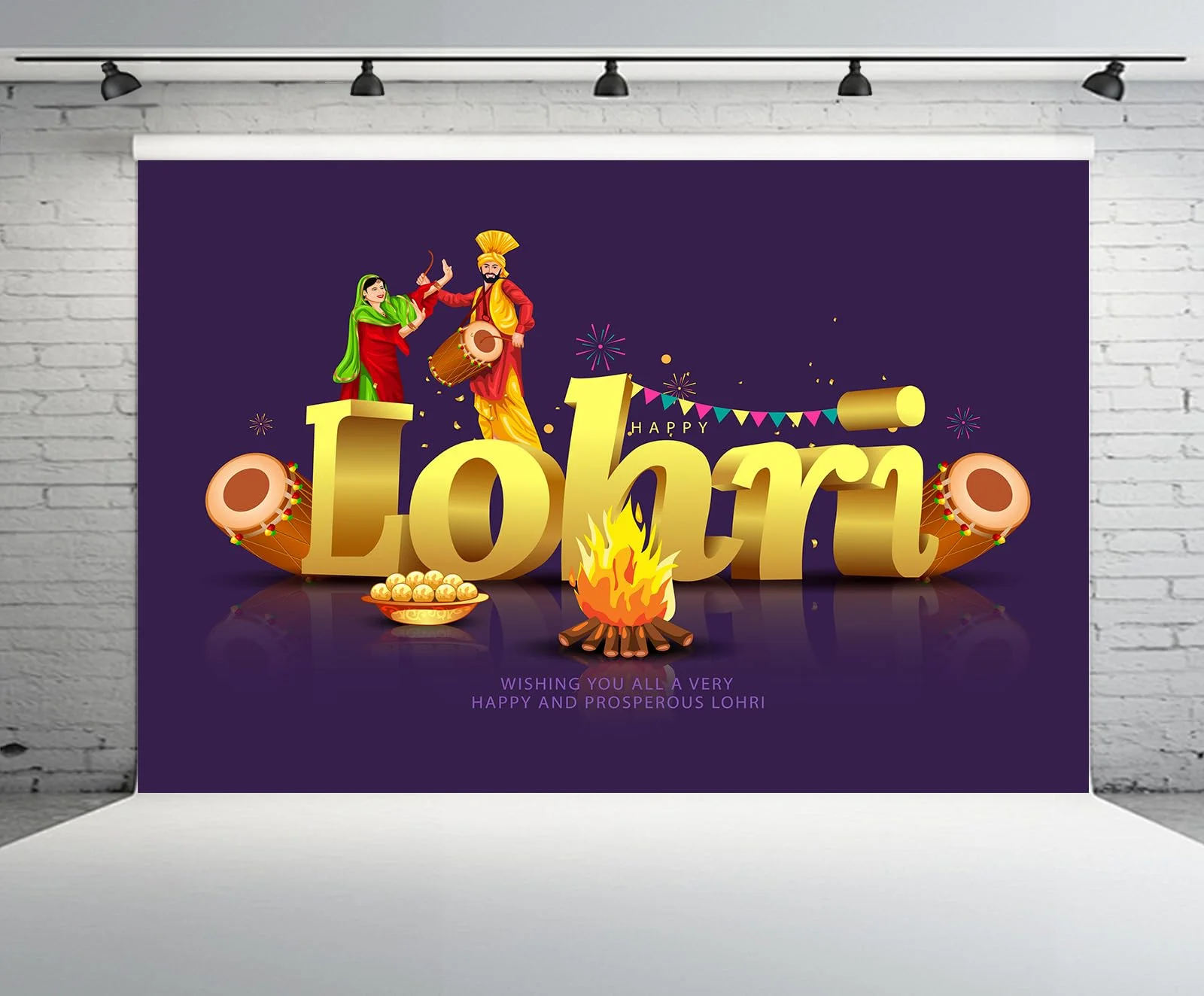 Happy Lohri Festival Backdrop Traditional Indian Happy Lohri Background Punjabi Religious Holiday Decor Harvesting Party