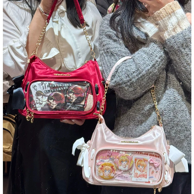 Women Anime Ita Bag Small Capacity Clear Window Shoulder Crossbody Bag Bow Decor Handbag Display Pouch for Badge Pin Cosplay