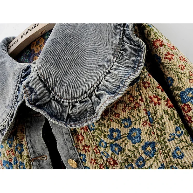 Spring Fashion Jacquard Embroidery Denim Jacket Women Loose Short Blue Cowboy Outwear Peter Pan Collar Jeans Jacket Coat Female - Image 2