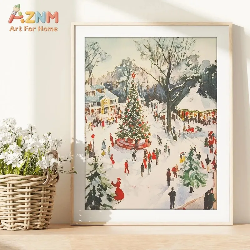 Vintage Christmas Market Snow Town Tree Canvas Poster Prints Frameless Wall Art Festive Winter Cozy Warm Soft Cute Decorations