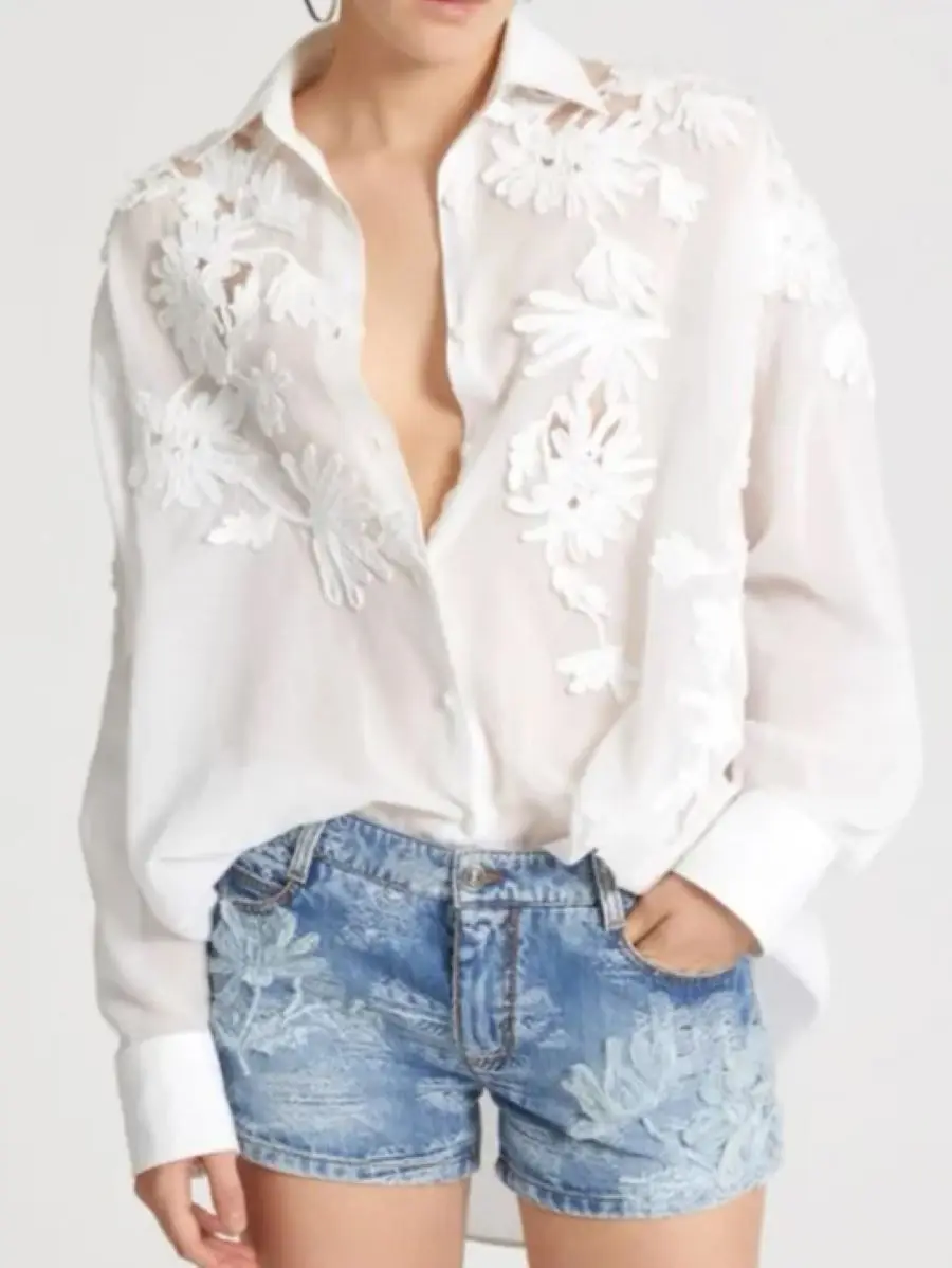 

Women 3D Flower Design White Shirt Early Spring 2026 Turn-down Collar Long Sleeve Single Breasted Elegant Ladies Cotton Blouse