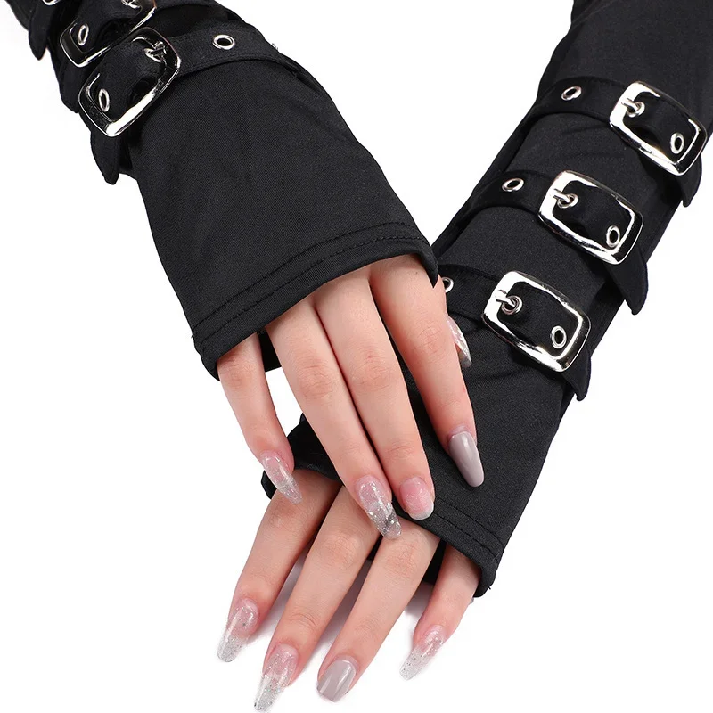 Guantes Punk negros con dedos, pulsera larga, correa para la muñeca, calentador de brazo de 28CM, puño largo de seda de leche, guante Sexy gótico