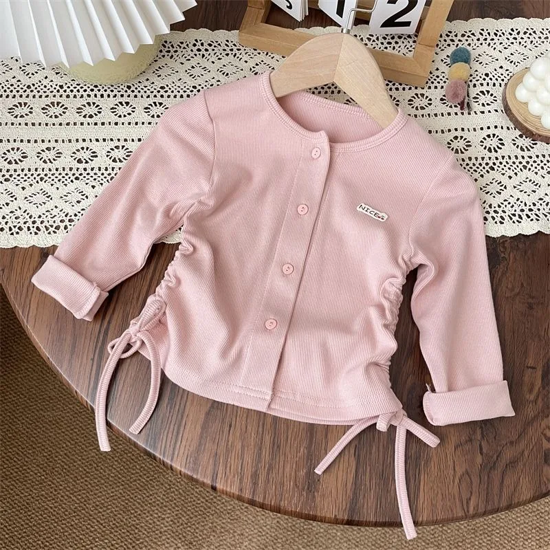 Baby Girl Spring and Autumn Drawstring Casual Long Sleeved T-shirt, Children's Stylish Versatile Cardigan Top Sweet Base Shirt