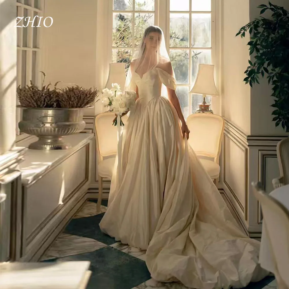 ZHIO Винтажное свадебное платье из 2 предметов с открытыми плечами и драпировкой, длинным шлейфом цвета слоновой кости, шелковое свадебное платье из тафты, индивидуальное платье Robe de mariée