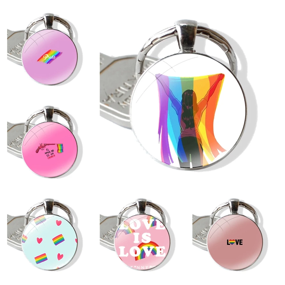 Gay Lesbian LGBT Rainbow Pride ART 25mm Glass Cabohcon Keychain Key Rings for Women Men Jewelry Gift