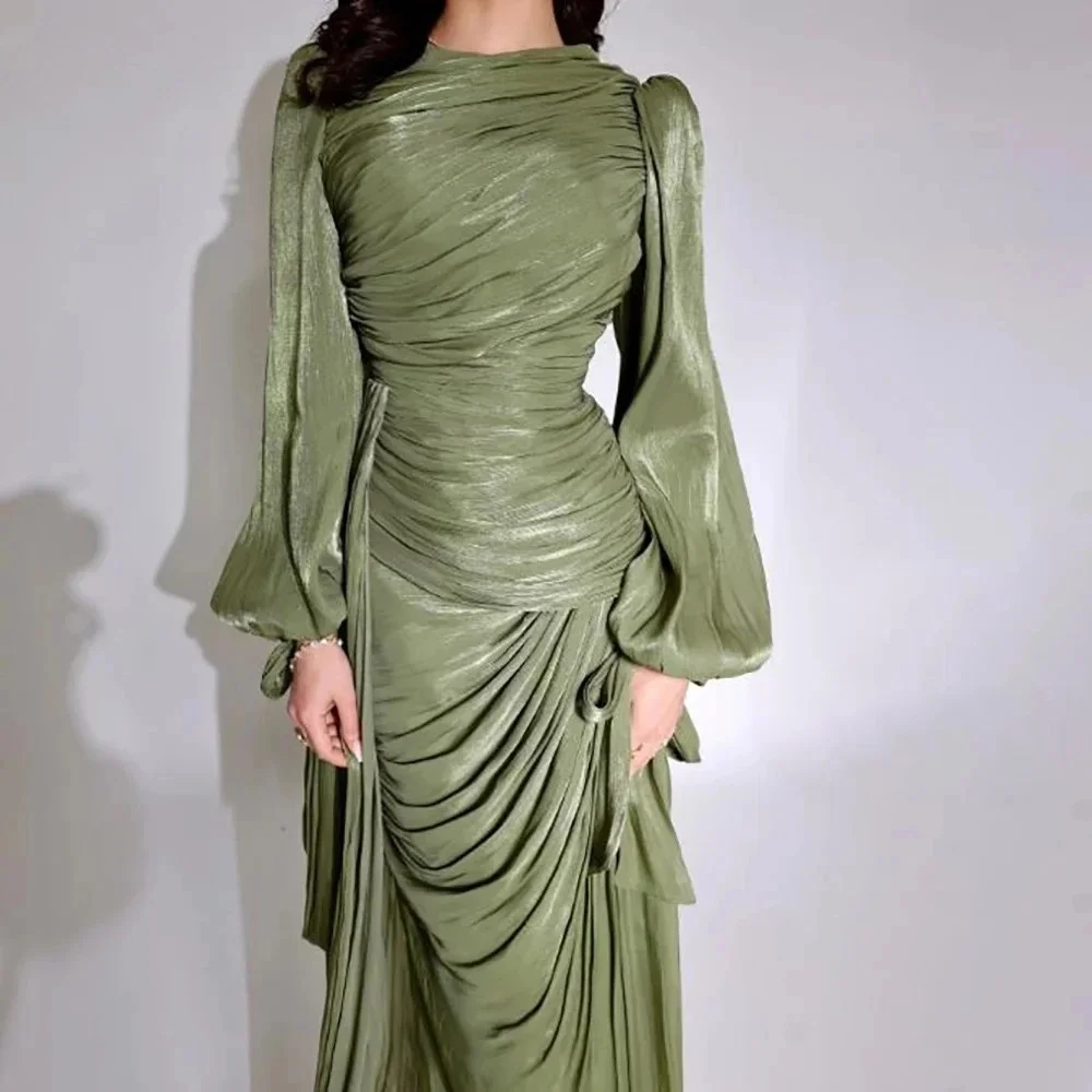 

Modest Ruched Crepe Saudi Evening Dress Pleats Puff Long Sleeve Prom Dresses Illusion Arabia Party Gowns Floor Length Customized