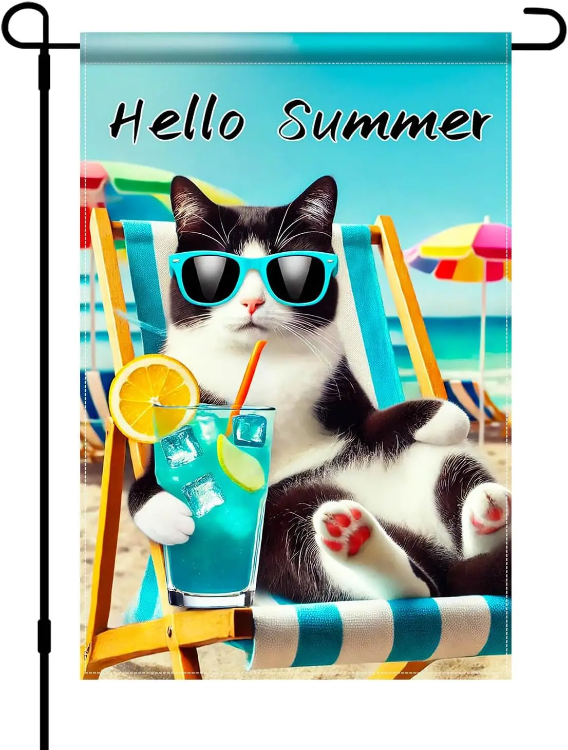 Hello Summer Cat Garden Flag Beach Tuxedo Cat Garden Flag 12×18 Inch Double Sided Vertical Summer Coastal Seasonal Farmhouse PPZ