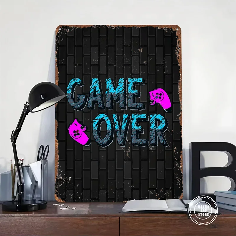 Game Over Text Art Printed Poster Customized Wall Art Retro Vintage Metal Tin Signs for Bedroom Decoration Room Decor Men Home