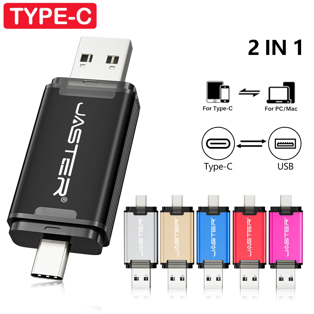 

JASTER Бизнес-подарок USB-флешка 128 ГБ TYPE-C USB 2 в 1 Ручка-накопитель 64 ГБ Пластиковая память 32 ГБ Реальная емкость U-диск 16 ГБ