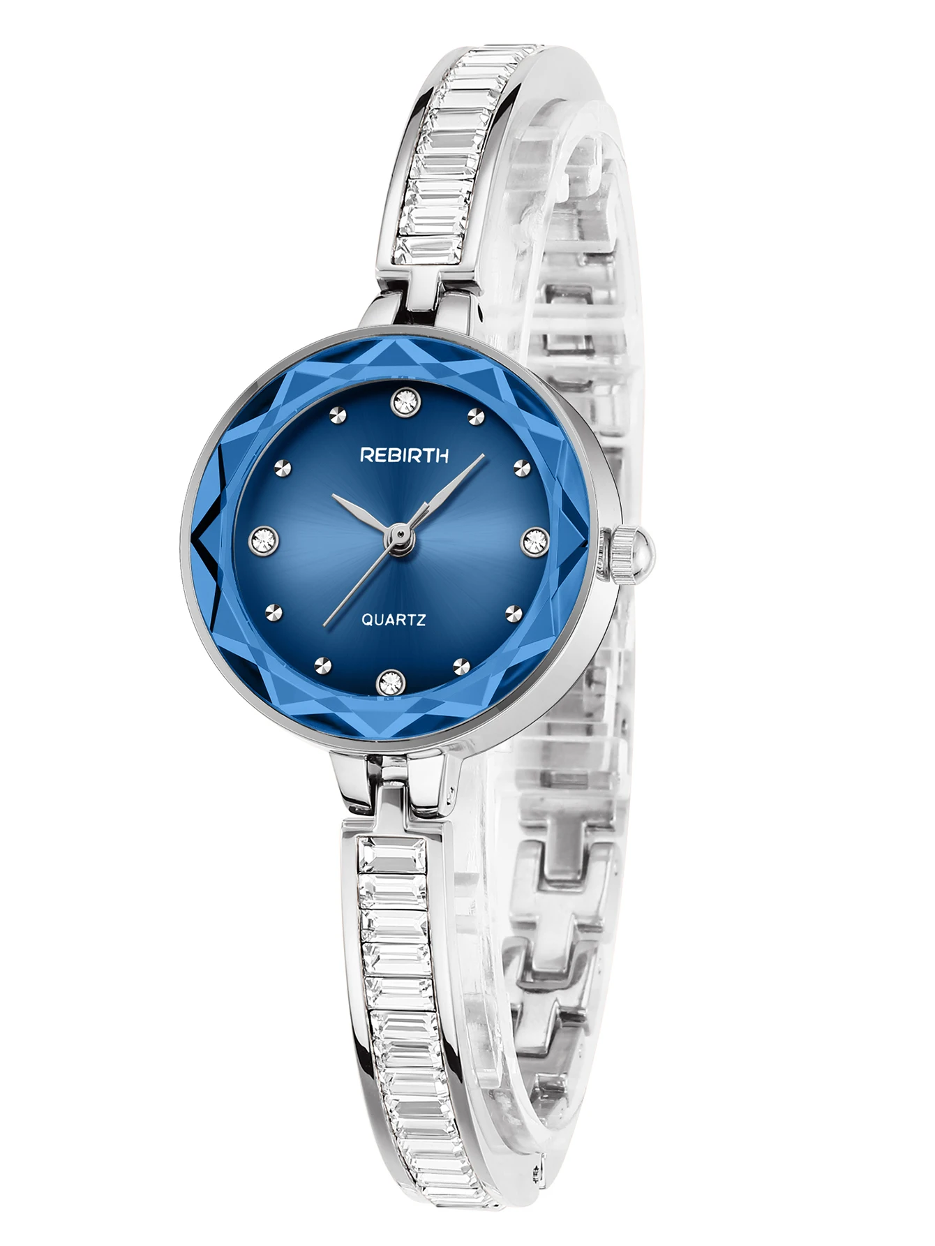 Light Luxury Cut Blue Glass Dial Women's Quartz Watch, Full Diamond-Studded Steel Band, Niche Exquisite Small Round Dial Women's Wristwatch view 6