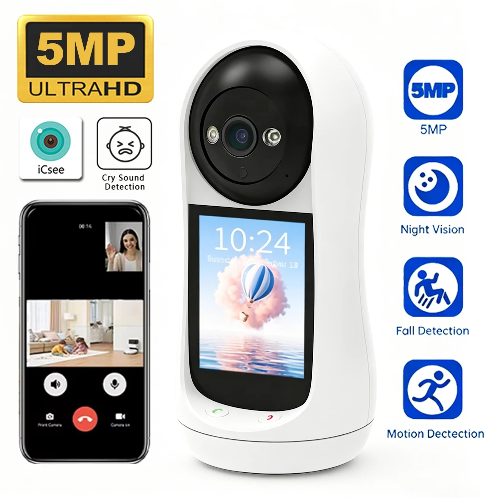 2k-icseeベビーモニター、28インチipsスクリーン搭載、ptz-wifi対応屋内5mpセキュリティカメラ、人間追跡機能付き、双方向音声・ビデオ通話対応