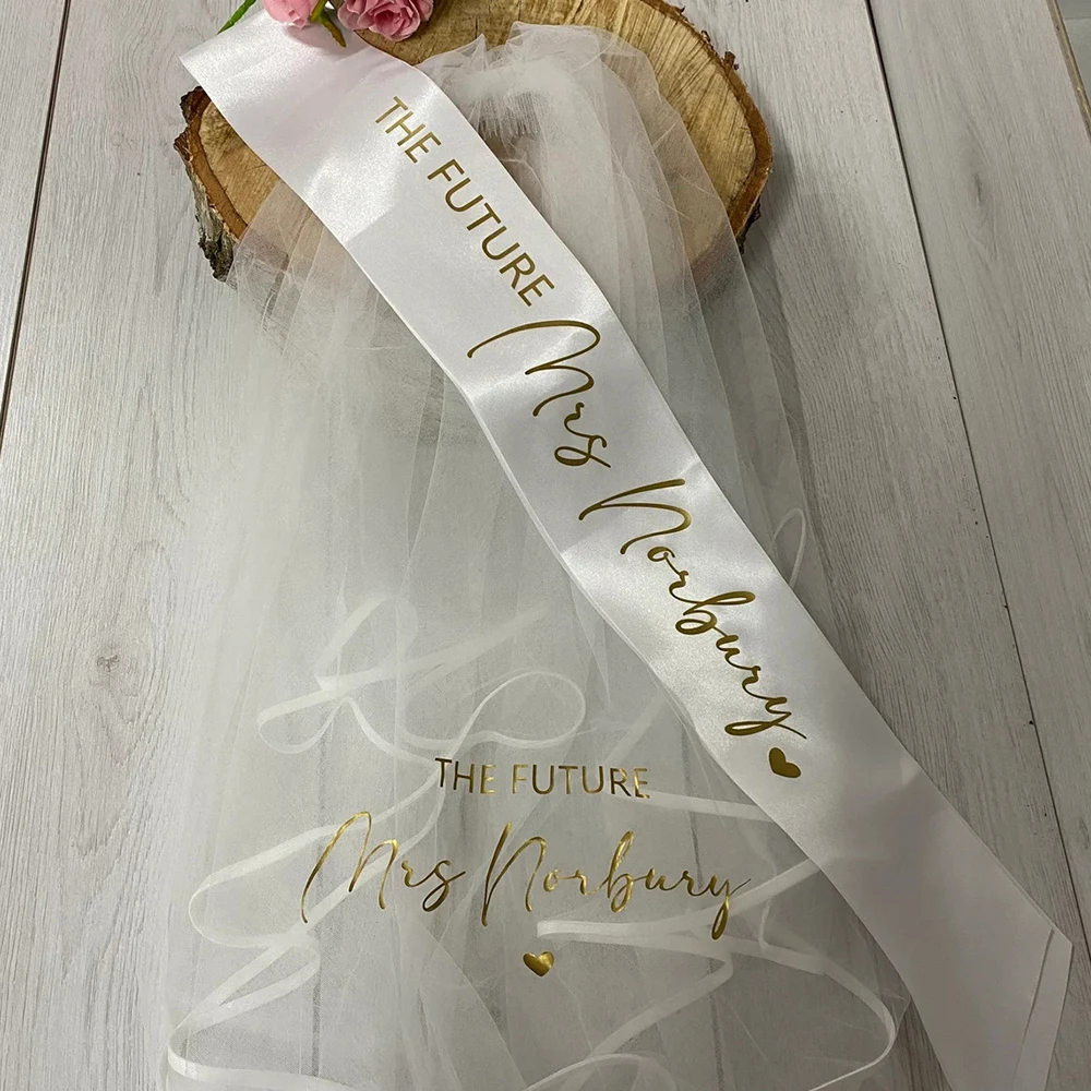 Personalized Future Mrs Veil And Sash Set Custom Bride To Be Bachelorette Hen Party Bridal Shower Wedding Satin Sash and Veil