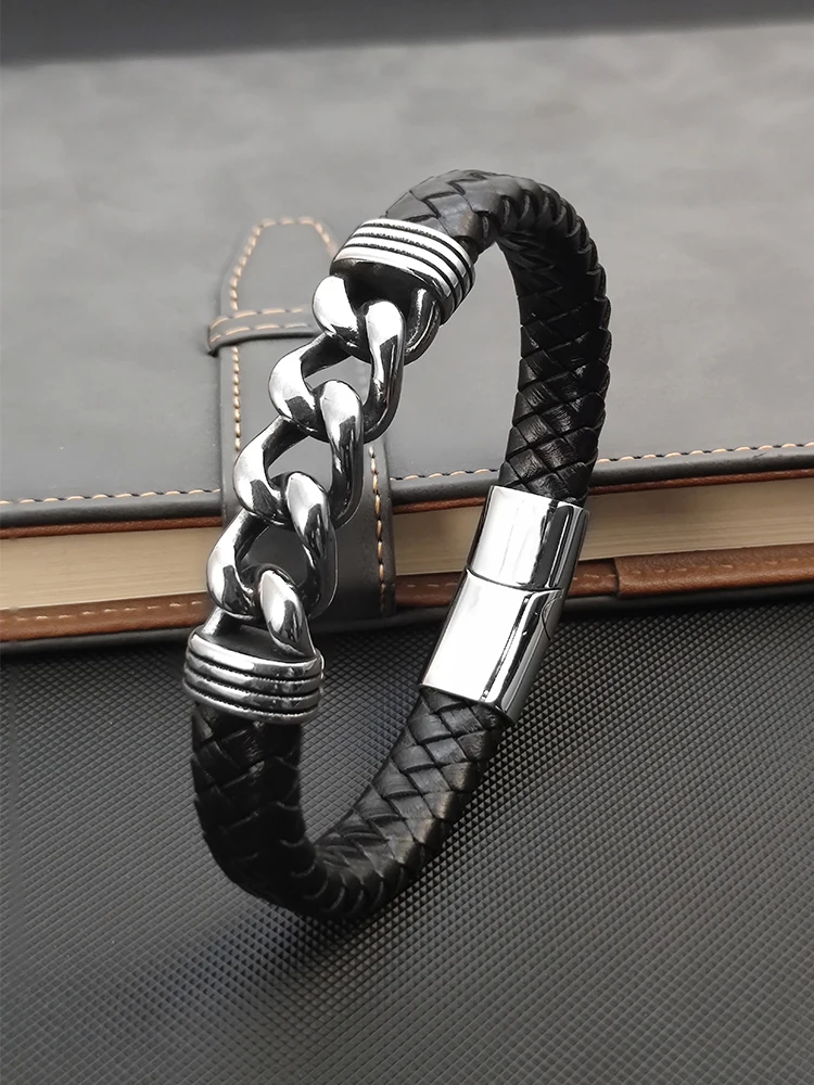 MingAo Luxury Chain Leather Braid Men Bracelet Stainless Steel Buckle Business Men's Bangles for Friend Partner Lovers Gift