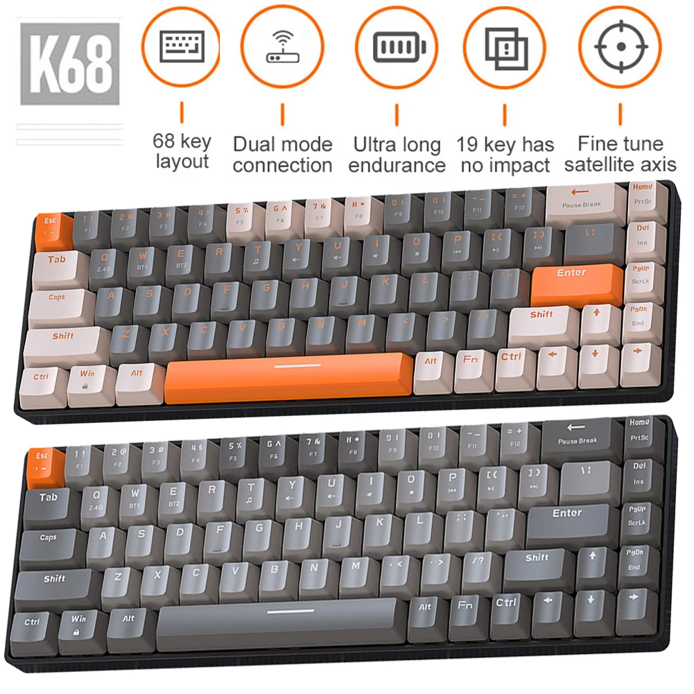 K68 Wireless Gaming Mechanical Keyboard Bluetooth 5.0 2.4G 68 Keys Backlit Keycap PC Gamer Keyboard Hot-swap Mechanical Keyboard