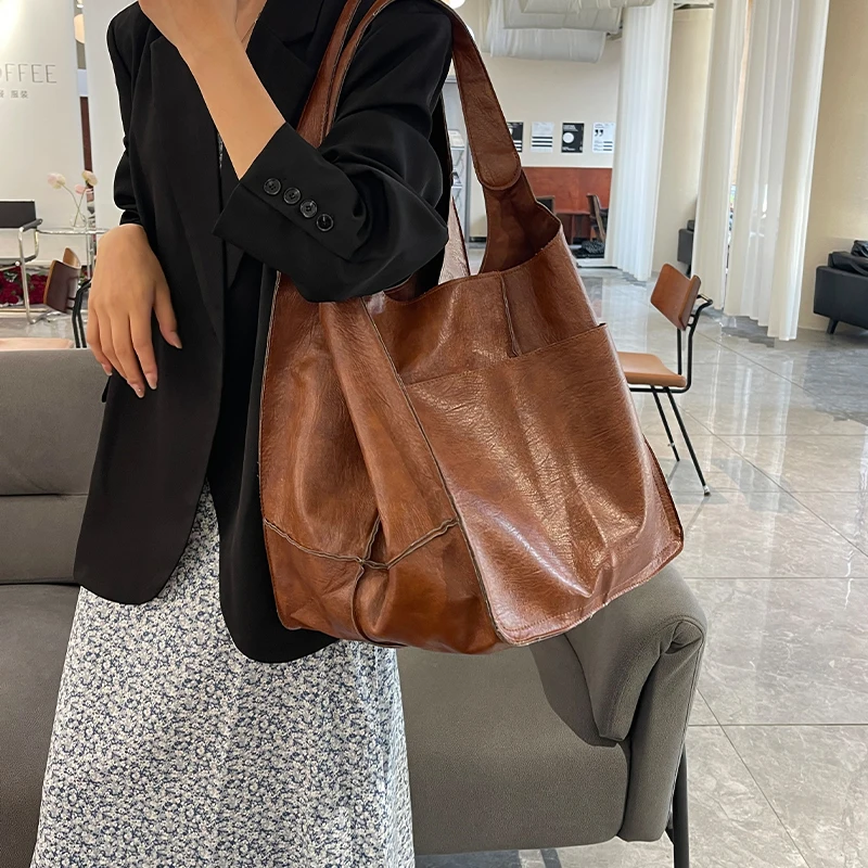 

Складная сумка для покупок для женщин, винтажная мягкая кожаная сумка, вместительная сумка на плечо, женская сумка для путешествий и отдыха, Sac A