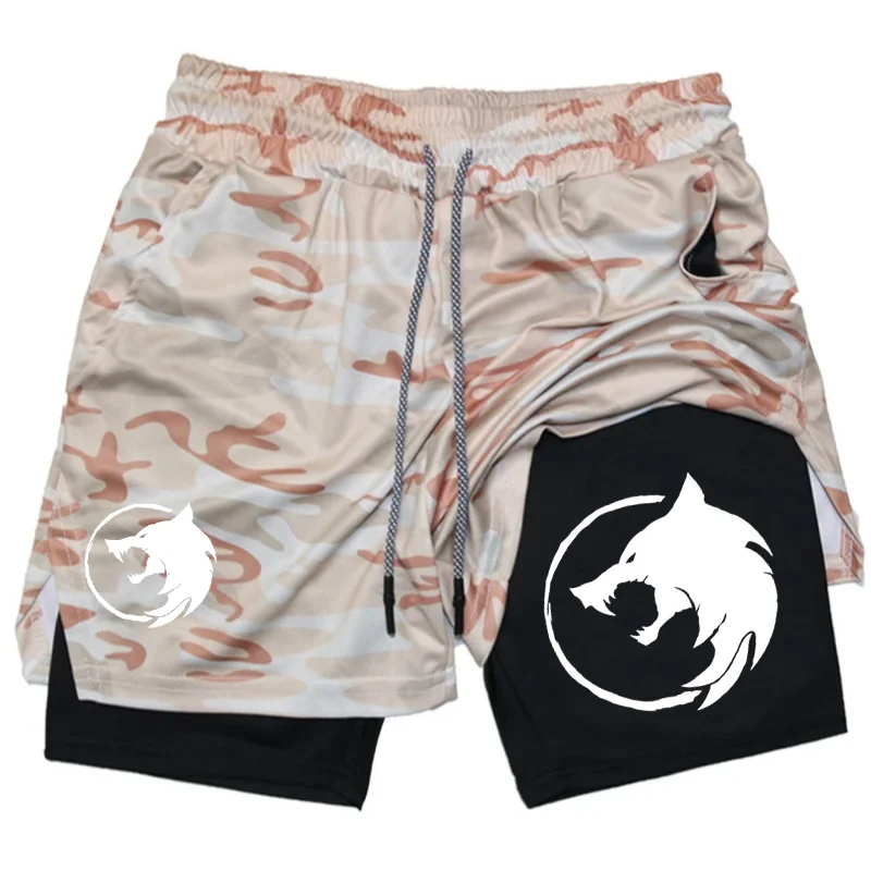 Men's Double-deck Shorts Gothic Wolf Print Shorts Summer Quick Drying Sports Fitness 2 in1 Joggers Beach Short