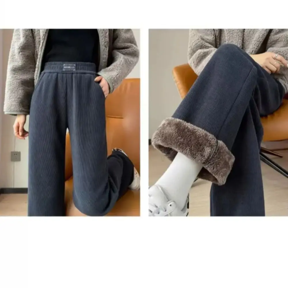 

Брюки с высокой талией и широкими штанинами, на подкладке из овчины, с эластичным поясом, прямые, свободного кроя, утепленные флисом