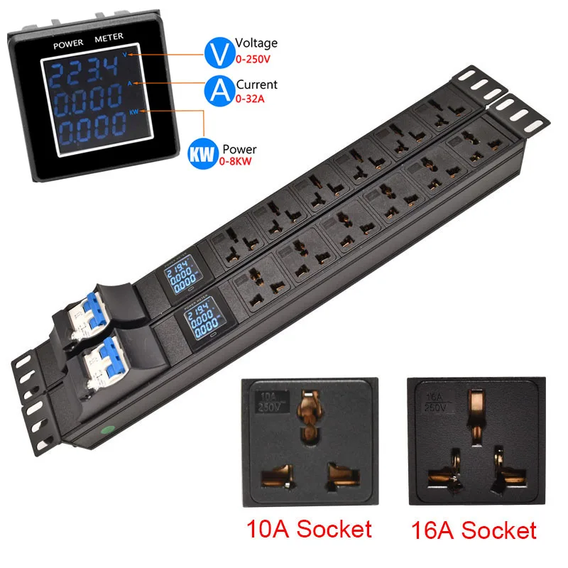 1U 19Inch Engineering Network Cabinet Rack PDU Power Strip with Double Open Air Switch Current Voltage Digital Display Meter