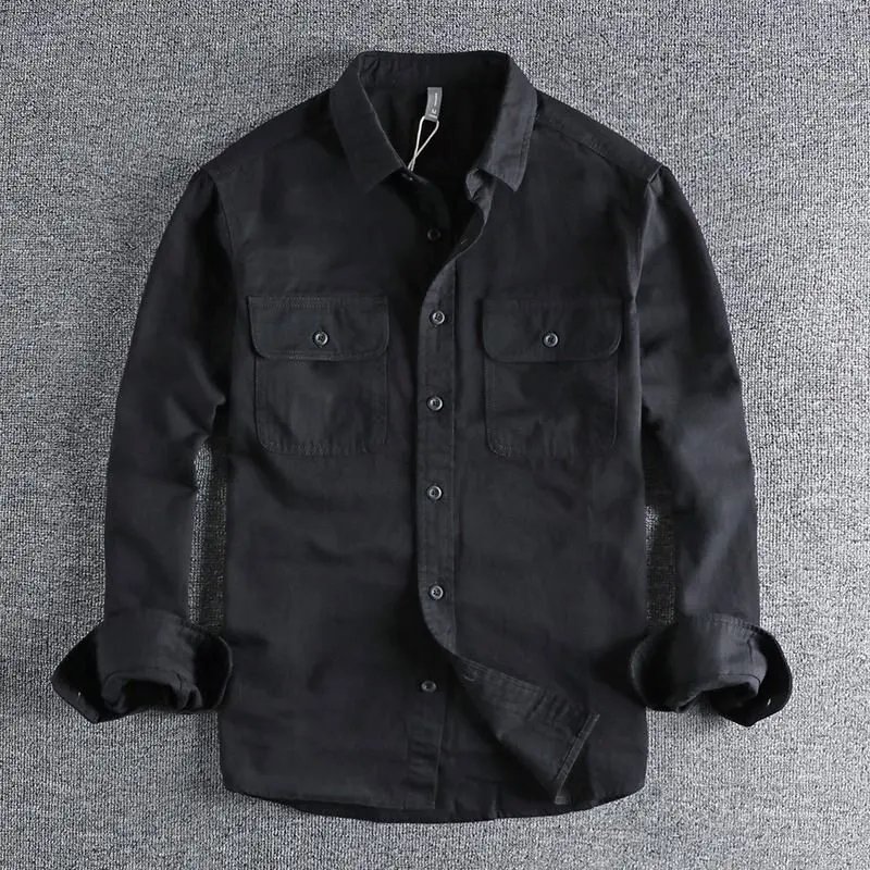 Fashionable Long Sleeve Work Shirt for Men Anti-Scald Wear Resistant City Walk PU Leather Cotton Blend Double Pocket Jacket