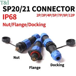 IP68 SP20 SP21 Waterproof Aviation Connector Docking/Back Nut/Flange Plug&Socket with Male and Female Butt,2/3/4/5/6/7/9/12 Pins