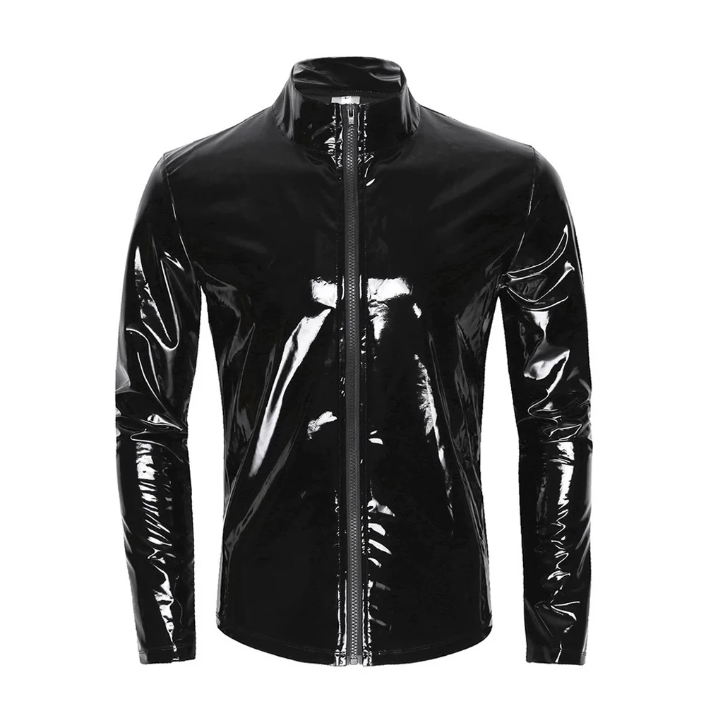 Herren Langarm-Shirt aus Kunstleder mit Glanzoptik, PVC-Jacken, Eng Anliegende Sexy Cosplay Windbreaker, Motorrad-T-Shirts – Detail 8