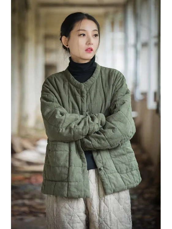 معطف شتوي نسائي من القطن Sle Zen بتصميم كلاسيكي مع خياطة مربعة من القطن والكتان للتنقل العرقي