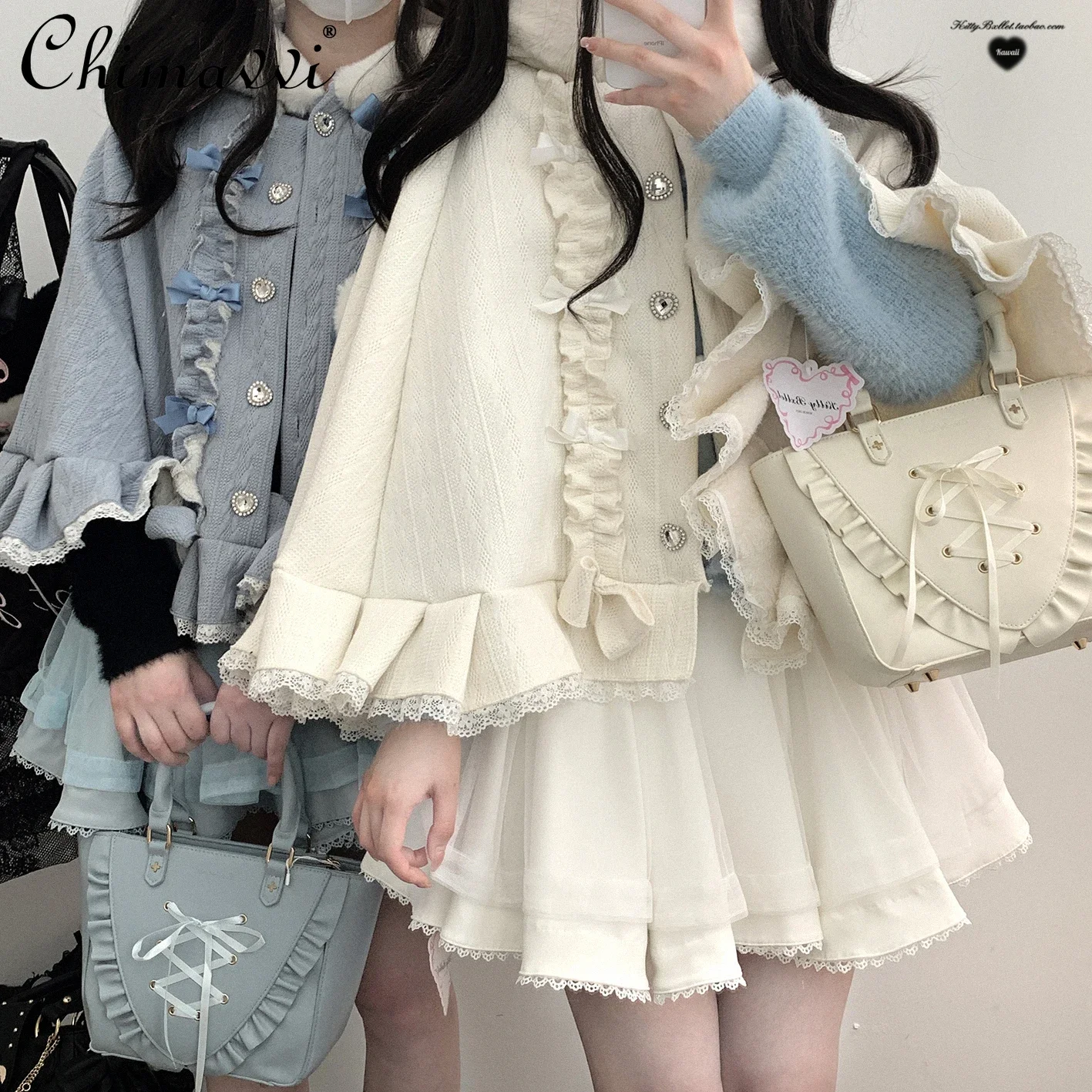 Sweet Girl Kawaii Diamond Buckle Cape Jacket Autumn and Winter Japanese Mines Loose Cute Bow Hooded Velvet Small Shawl Coat