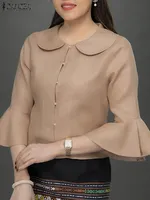 ZANZEA Fashion Vintage Solid Office Shirts 2025 Summer Women Doll Collar Blouses Flare 3/4 Sleeve Tops Splicing Flounces Blusas