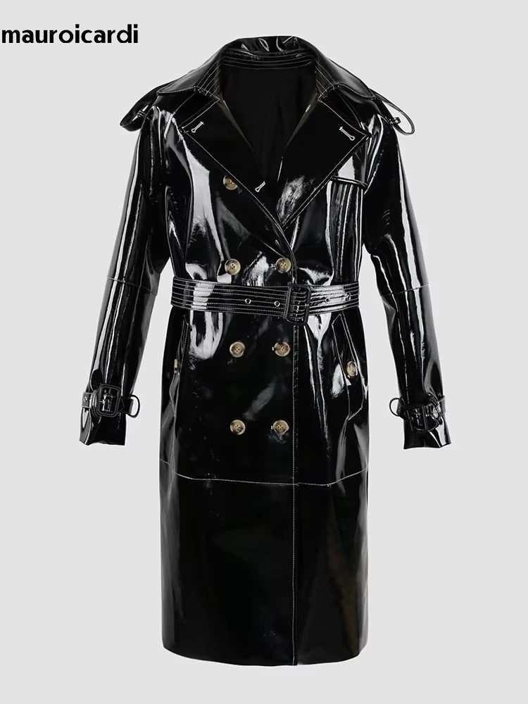 Mauroicardi Spring Long Shiny Reflective Black Patent Pu Leather Trench Coat for Women Belt Double Breasted Y2K European Clothes