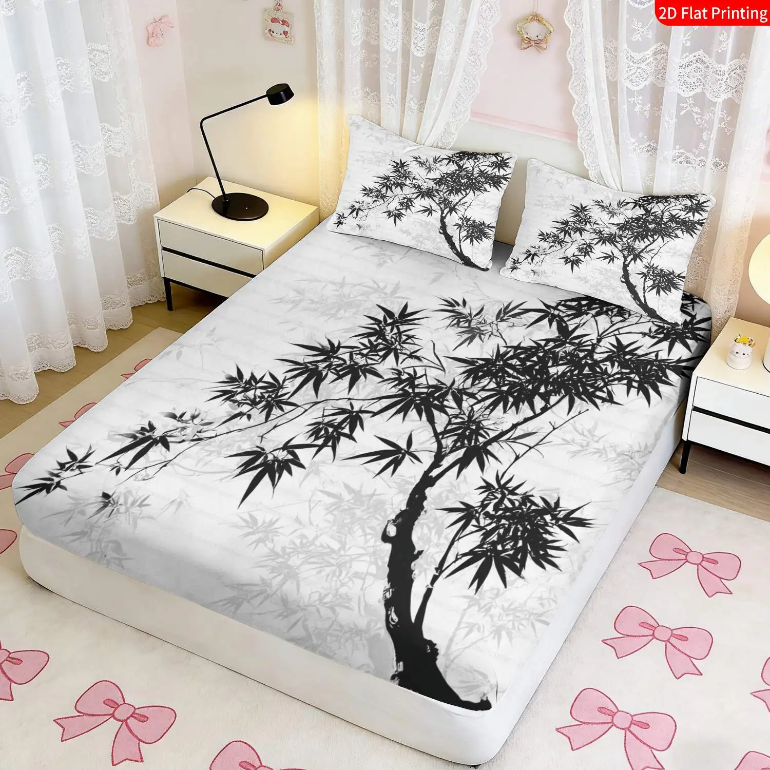 3-Piece Mattress Protector Set, 2D Flat Printed Fitted Sheet, Modern Minimalist Chinese-Style Bamboo Leaf Fitted Sheet Set, Fitted Sheet and Pillowcase, Home Bedroom Decoration, Holiday-Themed Fitted Sheet and Pillowcase, Mattress Protector, Stain-Resistant, Mattress Cover, Suitable for All Seasons, Machine Washable, Easy to Care For, Universal for Home Bedroom, Essential for Dormitories and Rentals, Master Bedroom and Guest Room Decoration, Dust-Proof and Stain-Resistant, High Elasticity, Fits Various Sizes