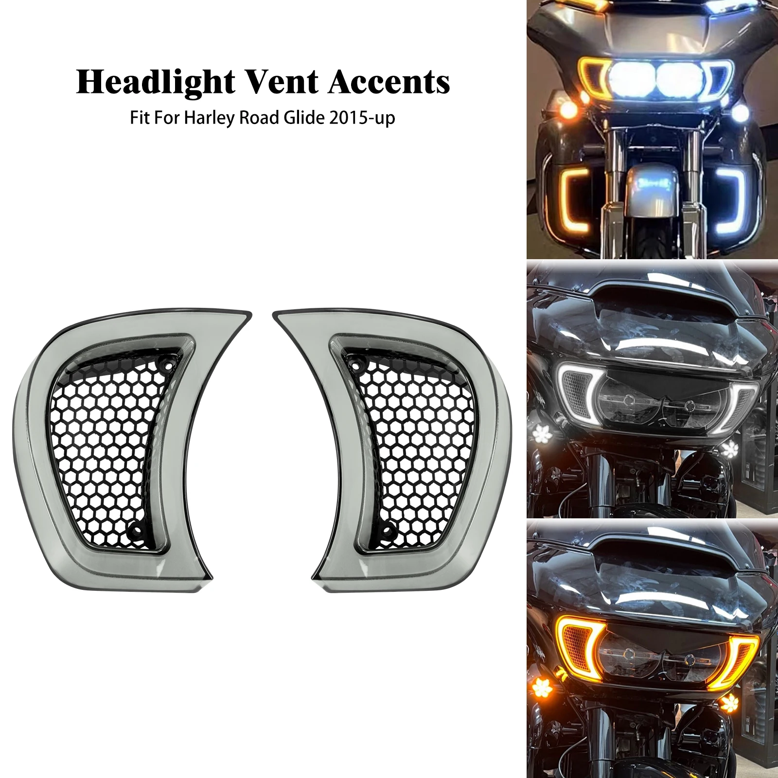 

Motorcycle LED Headlight Vent Accents Running Turn Signal Lamp Light Clear Lens For Harley Touring Road Glide FLTRX 2015-2023