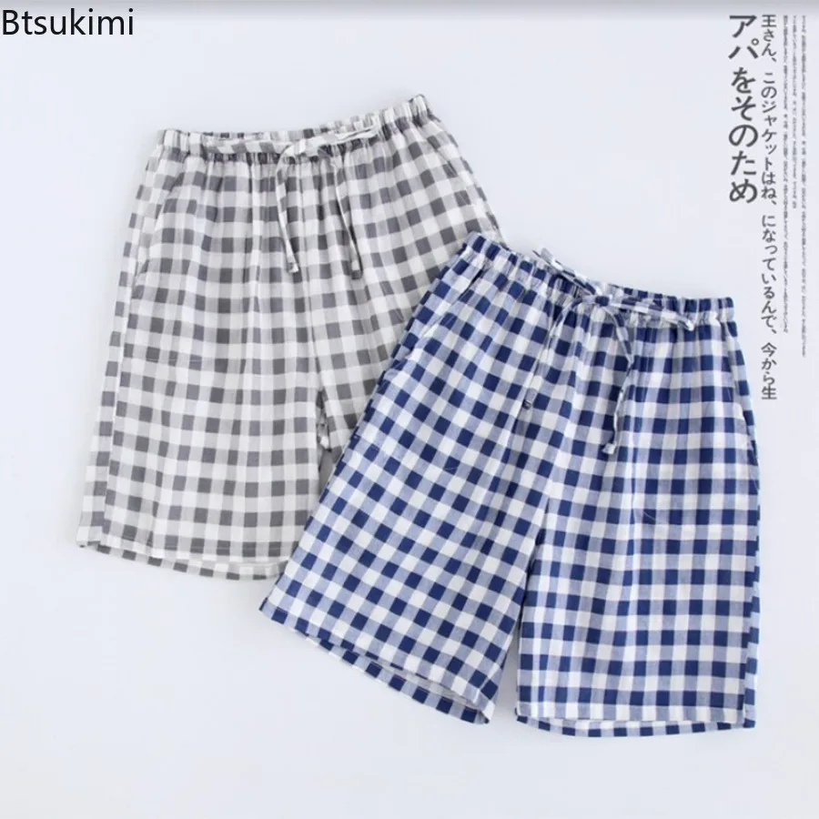 Couple's Pajamas Spring Summer Cotton Gauze Shorts Japanese Style Simple Elastic Waist Casual Lattice Men and Women Home Pants