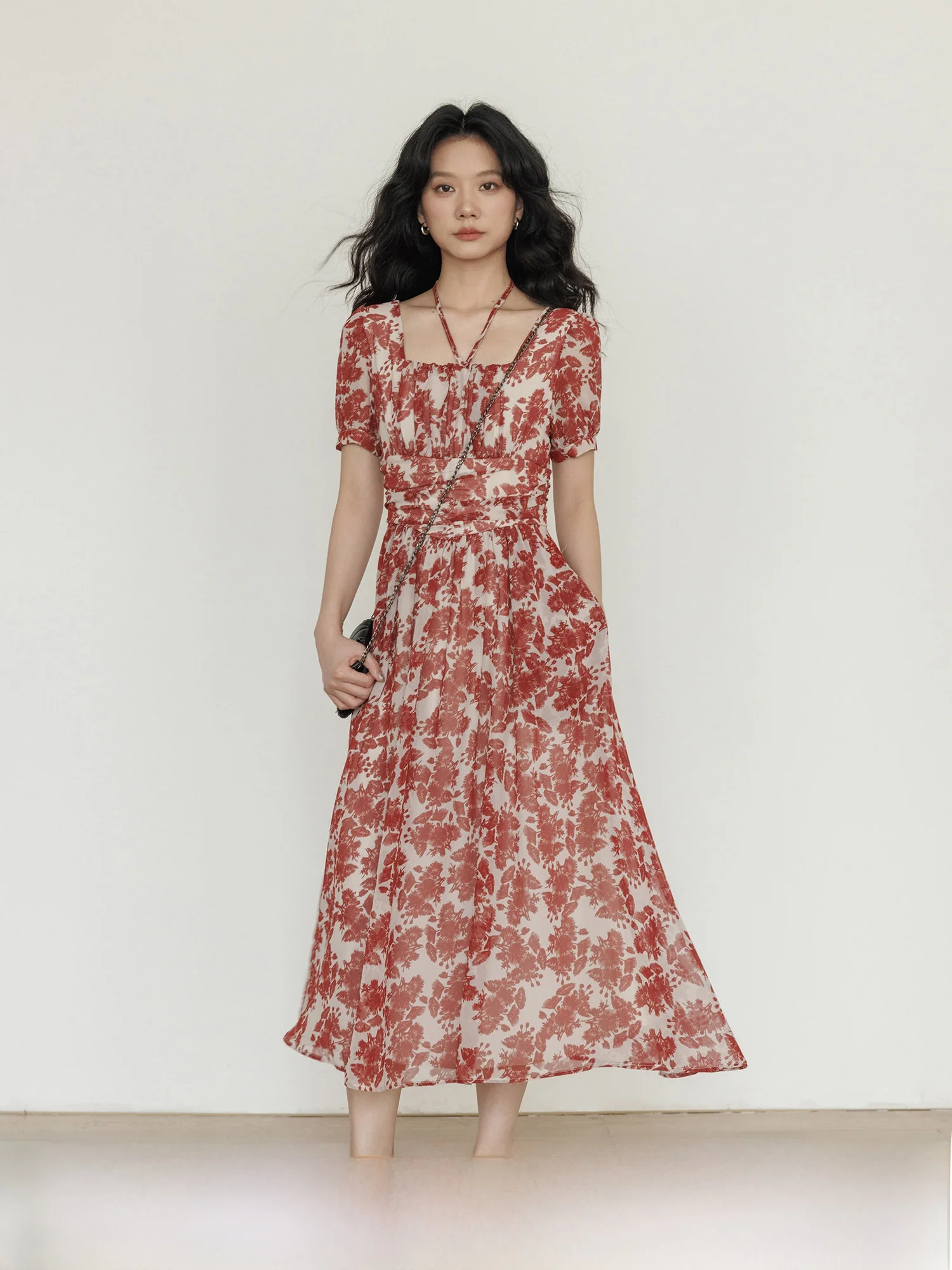 

Summer Square Collar Short Sleeve Slimming A-Line Dress Women's 2026 New Holiday Leisure Long A-Line Skirt Polyester Fiber