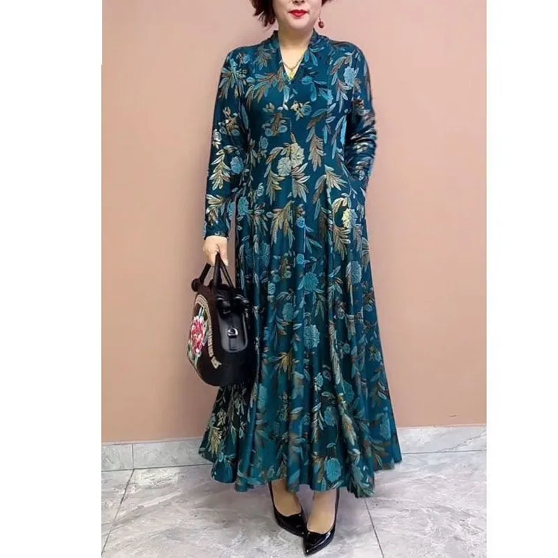 2023 Autumn Women's Fashion Printed V-neck Long Sleeved Dress Spring Slim Fit Versatile Elegance Casual Comfortable Long Dress