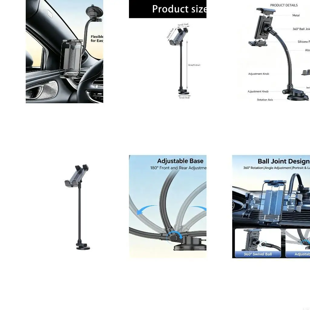 Pivoting Phone and Mobile Device Holder with Flexible Arm, Ball Joint, and Extending Clamp for Portrait or Landscape K1KF