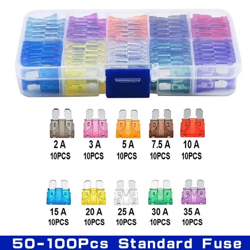 50-100PCS Car Fuse Assortment Set Profile Middle Size Blade Type Fuse Auto Car Truck 2-35A Fuse with Box Clip 10 Specifications