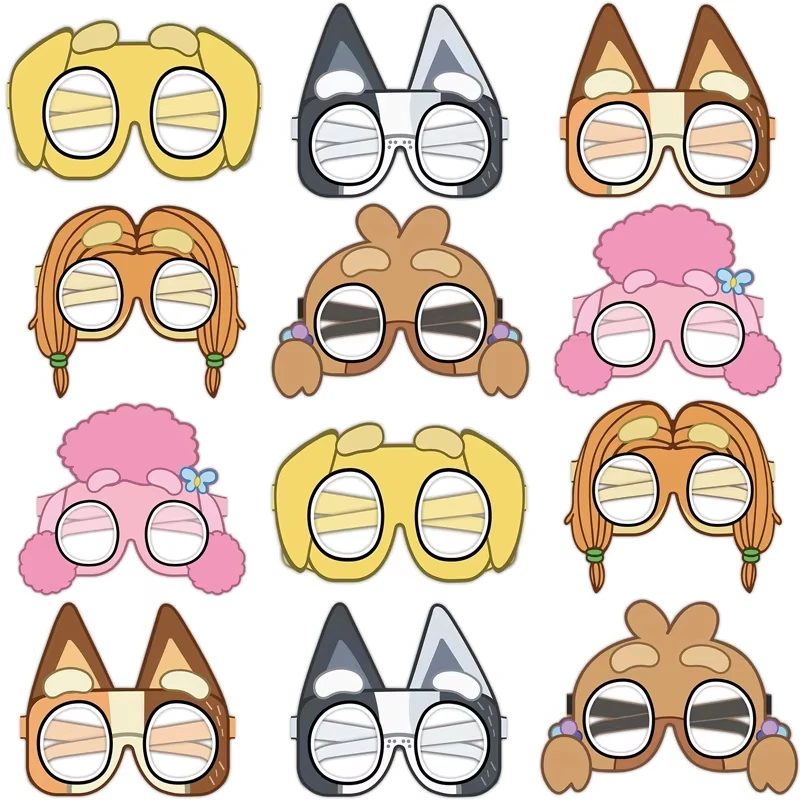 12Pcs/Set Bluey Theme Mask Birthday Party Paper Glasses Mask Photo Props Children'S Party Cool Decorations Supplies Kids Toys