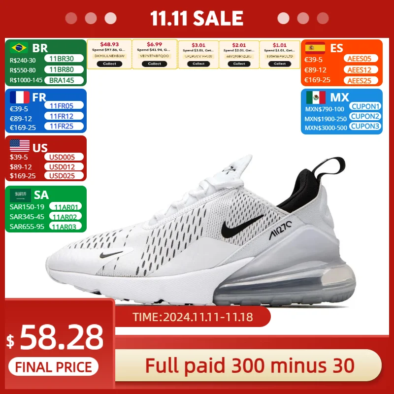 Nike Original Air Max 270 Low Top Casual Running Shoes Trendy Fashion Sneakers Men's and Women's White