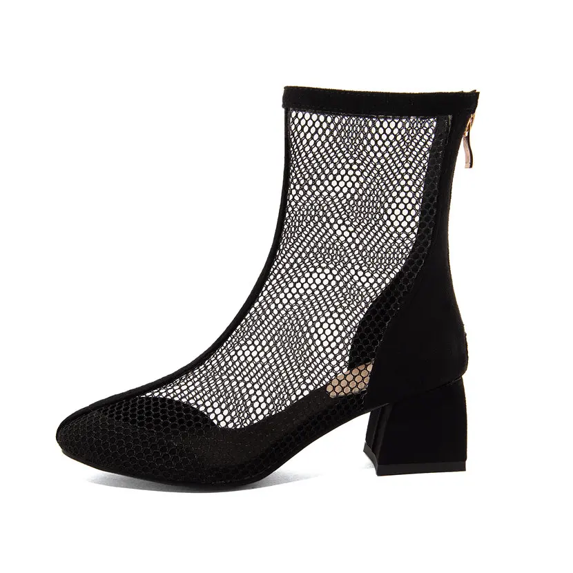 Summer Women Mid-calf Boots Black Fishnet Mesh 5.5cm High Square Heels Round Toe Casual Party Club Sexy Ladies Zipper Half Boots