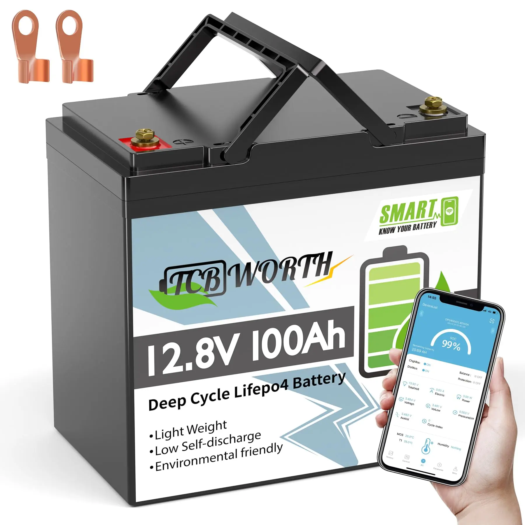 12V Lithium Battery 100Ah Mini, Rechargeabel Deep Cycle LiFePO4 Batteries, 100A Bluetooth BMS with Low-Temp Protection