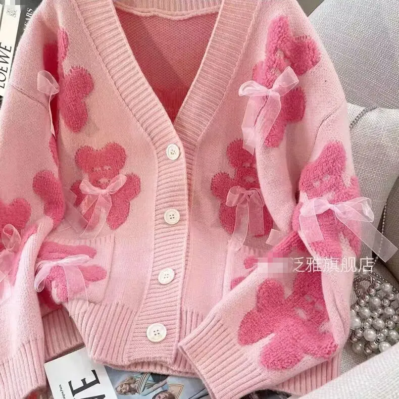 Cute Sweet Bow Bear Knitted Cardigan Sweater Coat Japanese JK V-neck Loose Winter Jacket Women Lovely Pink Kawaii Clothes Casual