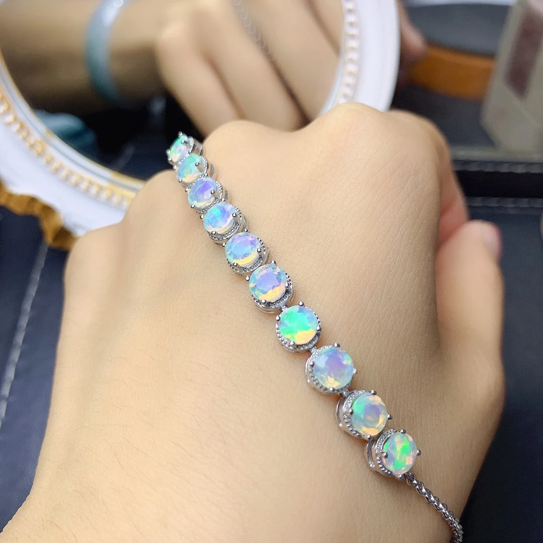Round 5mm Faceted Rainbow Fire Opal Bracelet Sterling Silver Natural Opal Birthstone Gemstone Jewelry For Women