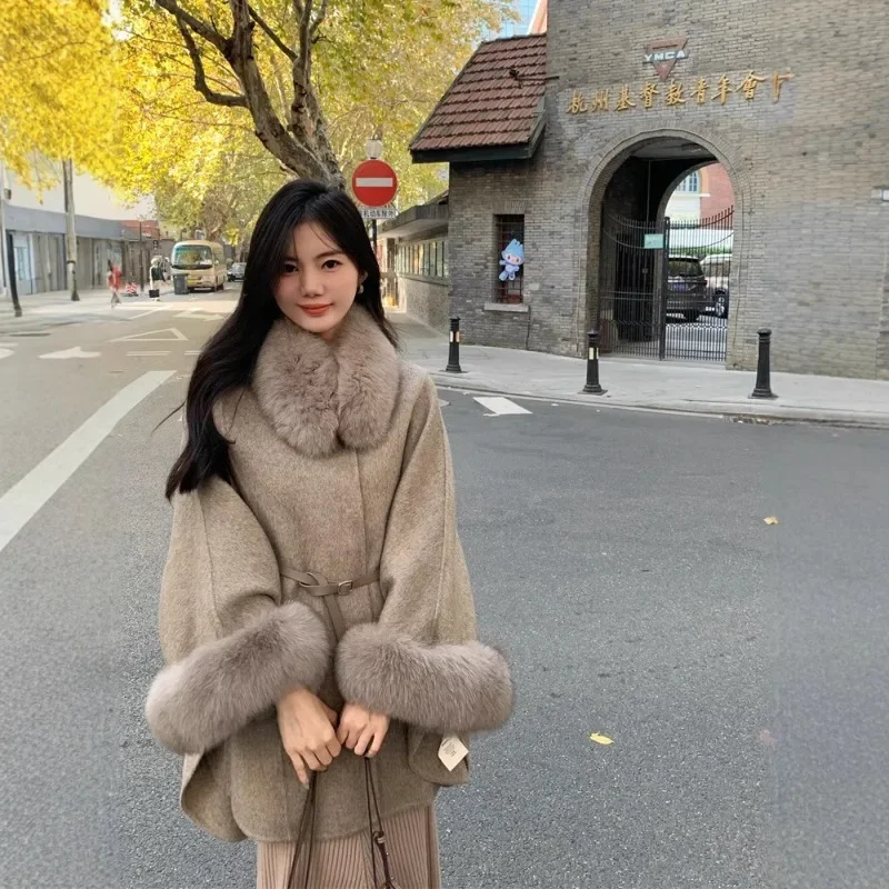 Fur Sleeve Detachable Real Fox Fur Collar Coat Wool 2024 New Autumn Winter Women's Warm A-line Jacket Luxury Thick Female Coat