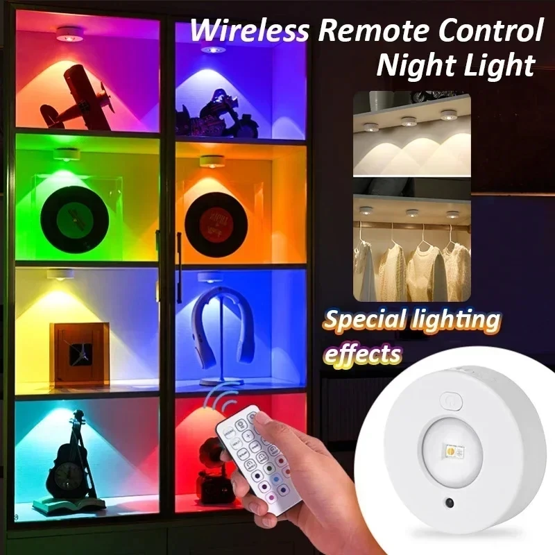 RGB Night Light Wireless Cabinet Lamp Remote Control Type-c Rechargeable Light Powered Wardrobe Lamp for Kitchen Bedroom Pathway