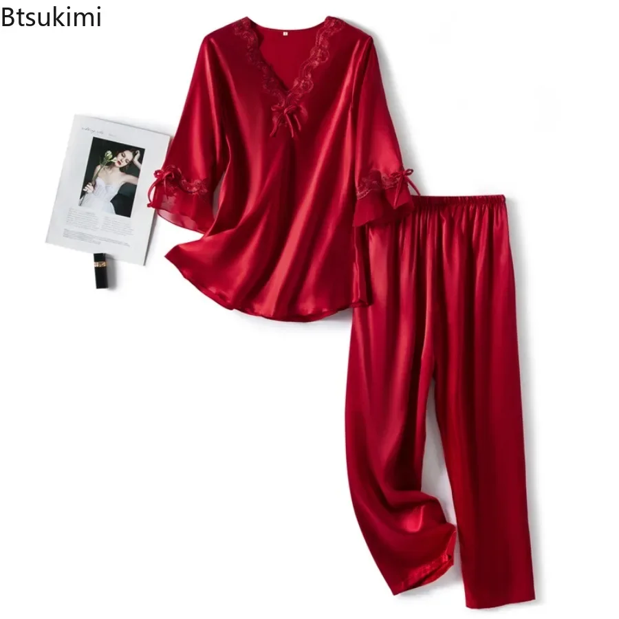 

2025 Women's Spring Summer 2PCS Silk Pajama Sets Sexy V-Neck Sleepwear Embroidery Lace Pants Set Female Casual Sleep Homewear