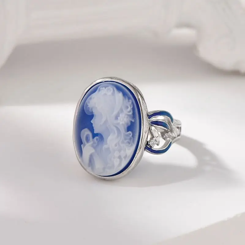 TZgrams Cameo Rings for Women Natural Blue Agate Girl's Face White Shell S925 Sterling Silver Oval Finger Ring Statement Jewelry