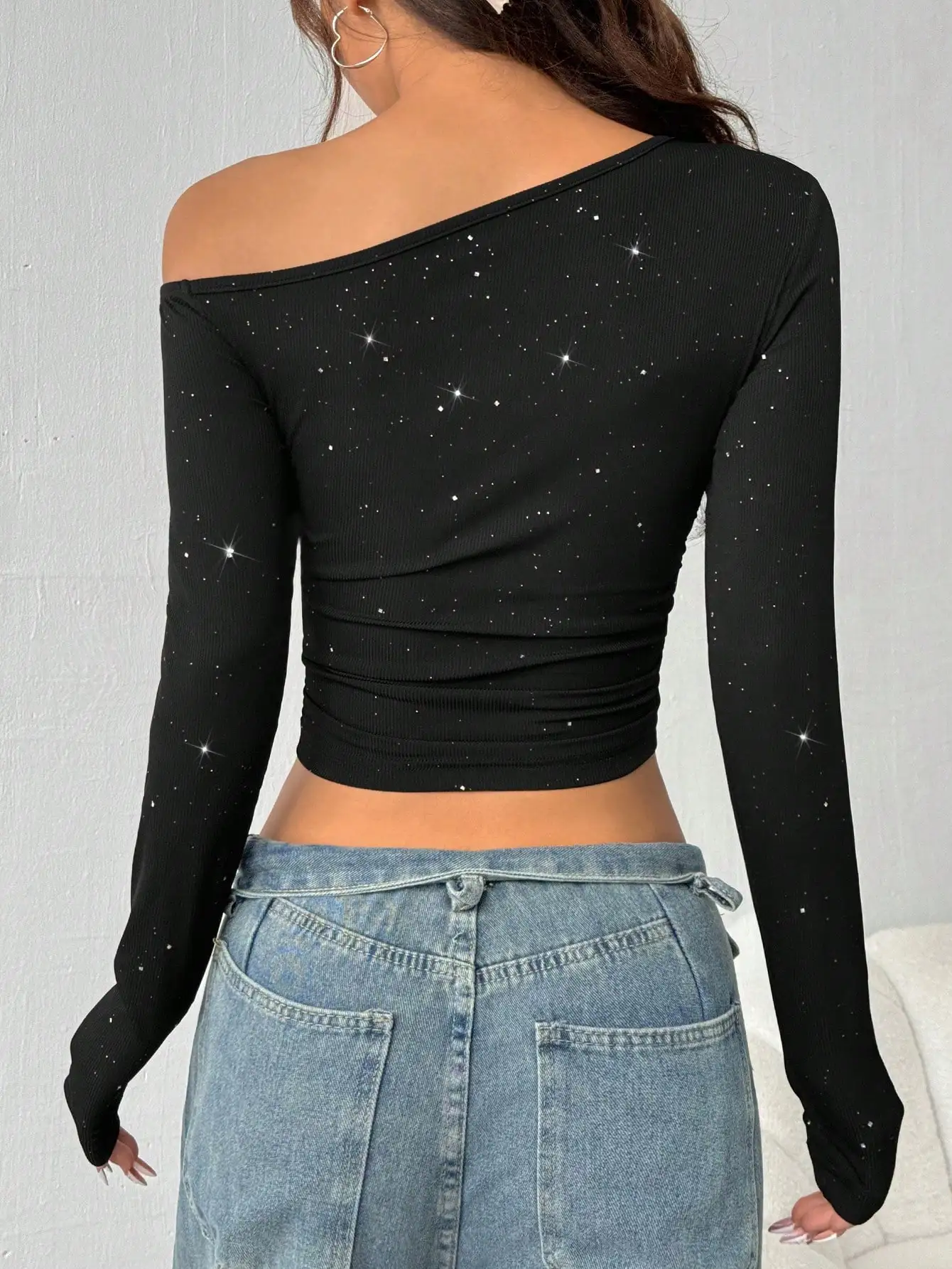 Pop Cross Border European And American Hot Stamping Diamond Slanted Shoulder Long Sleeved T-shirt For Women's Spring Foreign Tra